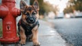 Adorable german shepherd puppy sitting beside red fire hydrant on sidewalk Royalty Free Stock Photo