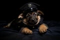 Adorable German Shepherd puppy wearing a police officer's uniform. AI-generated.