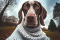 Adorable german shorthaired pointer in a dog sweater selfie, adorable dramatic GoPro selfie