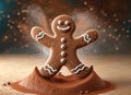 Adorable gingerbread man dancing in cocoa powder Royalty Free Stock Photo