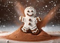 Adorable gingerbread man dancing in cocoa powder Royalty Free Stock Photo