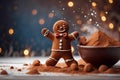 Adorable gingerbread man dancing in cocoa powder. Royalty Free Stock Photo