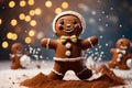 Adorable gingerbread man dancing in cocoa powder. Royalty Free Stock Photo