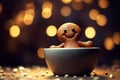 Adorable gingerbread man sitting in a bowl
