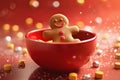 Adorable gingerbread man sitting in a bowl