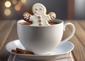 Adorable gingerbread man sitting in a cup of hot cocoa Royalty Free Stock Photo