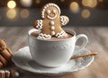 Adorable gingerbread man sitting in a cup of hot cocoa Royalty Free Stock Photo