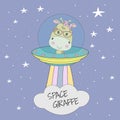 Adorable giraffe astronaut in a mysterious object ufo in the sky night