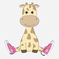 Adorable giraffe sitting in sport shoes isolated on white background.