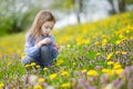 Adorable girl in blooming dandelion flowers Royalty Free Stock Photo