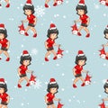 Adorable girl is catching lovely Santa cat in cartoon style