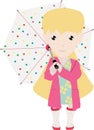 Adorable Girl in Pink Raincoat and Boots holding an open unbrella Royalty Free Stock Photo