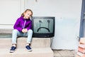 Little girl and vintage TV Royalty Free Stock Photo