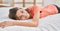 Adorable girl smiling confident lying on bed at bedroom Royalty Free Stock Photo