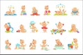 Adorable Girly Cartoon Babies Playing With Their Stuffed Toys And Development Tools Set Of Cute Happy Infants