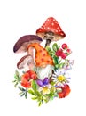 Adorable gnome with mushroom, summer flowers card. Watercolor woodland, forest design illustration Royalty Free Stock Photo