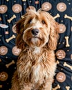 Adorable Golden Labradoodle Dog Portrait with Playful Bone and Paw Print Background, Happy and Fluffy Canine Puppy, Cute Furry