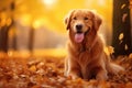 A adorable golden retriever dog enjoys the outdoors, sitting amidst a colorful pile of fallen leaves in a park during autumn,