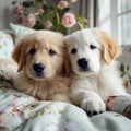 Adorable Golden Retriever Puppies Embracing in Cozy Teddy Bear Haven Royalty Free Stock Photo