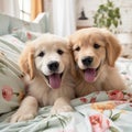Adorable Golden Retriever Puppies Embracing in Cozy Teddy Bear Haven Royalty Free Stock Photo