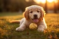 Golden Retriever Puppy Enjoying Playtime in Sunset Light, AI Generated