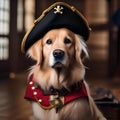 An adorable golden retriever wearing a pirate costume, complete with a tiny eyepatch and a pirate hat2