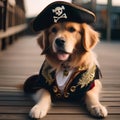 An adorable golden retriever wearing a pirate costume, complete with a tiny eyepatch and a pirate hat3