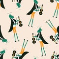 Adorable grasshopper musician in frock coat with violin vector illustration. Funny animal character in clothes seamless pattern. Royalty Free Stock Photo