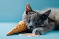 Adorable Gray Cat Napping Next to Melted Ice Cream Cone on a Blue Background, Peaceful Pet Resting with Sweet Snack