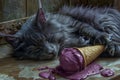 Adorable Gray Cat Napping Peacefully Beside Melting Ice Cream Cone On Wooden Surface, Dreamy Pet Relaxation Scene