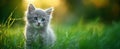 The adorable gray kitten exploring a sunlit green meadow..AI generated image Royalty Free Stock Photo