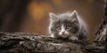 The adorable gray kitten exploring a tranquil forest setting. AI generated image Royalty Free Stock Photo