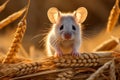 Adorable gray mouse gnawing on ripe golden wheat