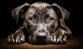 Adorable Gray Puppy with Soulful Eyes Lying Down on a Dark Background