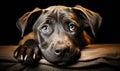 Adorable Gray Puppy with Soulful Eyes Lying Down on a Dark Background