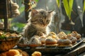 Adorable Gray Tabby Kitten Amidst a Variety of Homemade Pastries on a Kitchen Counter in Warm Sunlight