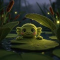 Adorable Green Creature on Lily Pad at Night Royalty Free Stock Photo