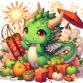 Adorable green dragon in cute face, with cheerful and graceful, in chinese theme,smokes and sparkles of firecrackers, fruits Royalty Free Stock Photo