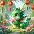 Adorable green dragon holds a beautiful flower, in a lucky bamboo flower garden, cute face, red lampion, festive, legendary animal Royalty Free Stock Photo