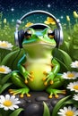 An adorable green frog with headphone, in a field of flowers at a starry night, cartoon style, fantasy, animal