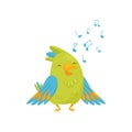 Adorable green parrot singing song. Cartoon bird character with bright green and blue feathers. Flat vector icon Royalty Free Stock Photo