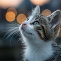Adorable Grey and White Kitten Looking Up at Night Lights Royalty Free Stock Photo