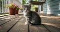 Adorable Grey and White Kitten Sitting on Wooden Deck Royalty Free Stock Photo