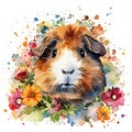 Adorable Guinea Pig in a Colorful Flower Field Watercolor Painting Ideal for Greeting Cards and Art Prints