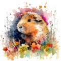 Adorable Guinea Pig in a Colorful Flower Field Watercolor Painting Ideal for Greeting Cards and Art Prints