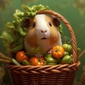 Adorable Guinea Pig in a Pixar-Style Veggie Basket Royalty Free Stock Photo