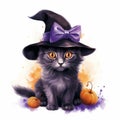 Adorable Halloween black cat watercolor feline with a touch of violet and autumn colours