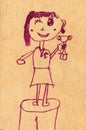 Adorable hand drawn pen illustration of a triumphant girl champion, holding a cup and medal, celebrating her first-place Royalty Free Stock Photo