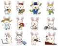 Adorable hand drawn white bunny doing different activities outlined Royalty Free Stock Photo