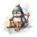 Adorable Handpainted Watercolor Baby Penguin on a Sledge Clipart on White Background AI Generated